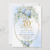 Romantic 70th Birthday Blue Floral Gold Invitation (Devant)