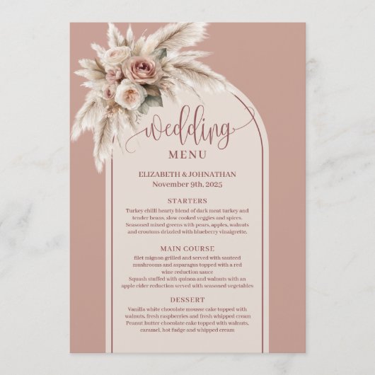 Romantic Arch Pastel Pink Pampas Sage Floral Menu (Voorkant)