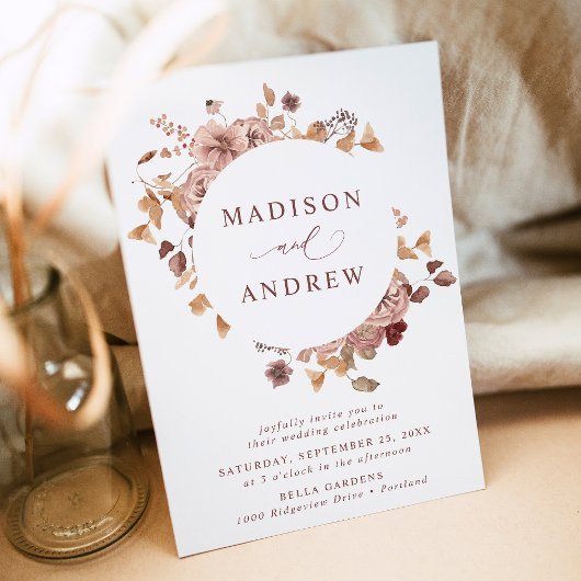 Romantic Autumn Floral Wreath Wedding Kaart