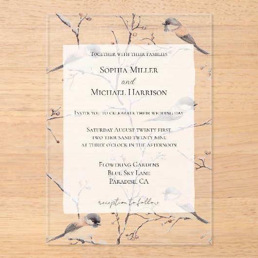 Romantic Birds in a Tree Wedding Acryl Uitnodigingen (Voorkant)