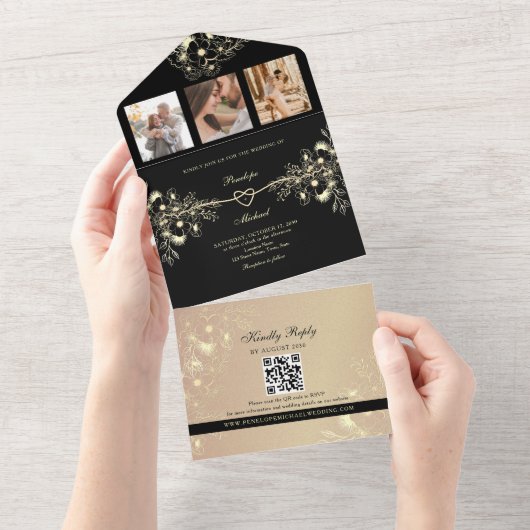 Romantic Black and Gold Wedding All In One Uitnodiging (Afscheurbaar)