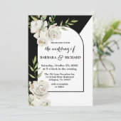 Romantic Black and White Floral Wedding Kaart (Staand voorkant)