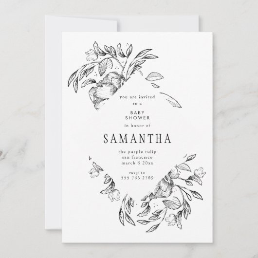 Romantic Black Floral Baby shower Invitation Kaart (Voorkant)