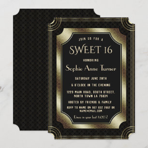 Romantic Black Great Gatsby Art Deco 20s SWEET 16 Kaart