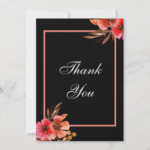 Romantic Black Oranje Peach Floral Script Weduwen Bedankkaart