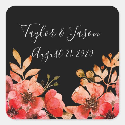 Romantic Black Peach Coral Wedding Vierkante Sticker (Voorkant)