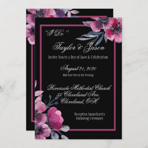 Romantic Black & Pink Floral Script Weduwen Kaart