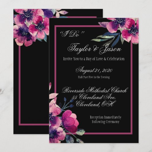 Romantic Black & Pink Floral Wedding Script Kaart (Voorkant / Achterkant)