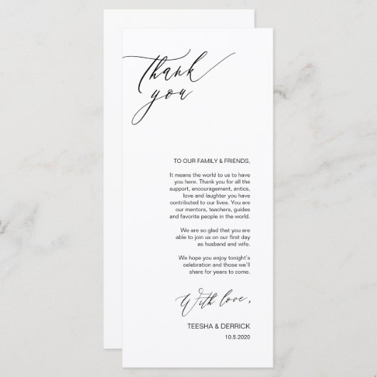 Romantic Black Script Place Setting Dank u kaart (Voorkant / Achterkant)