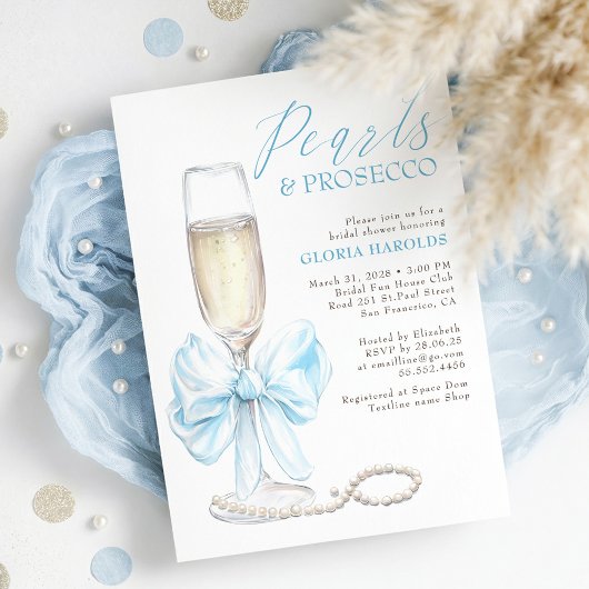 Romantic Blue Bow Pearls & Prosecco Bridal Shower Kaart