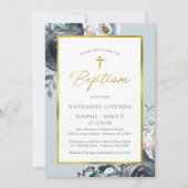 Romantic Blue Floral and Gold Script Baptisme Kaart (Voorkant)