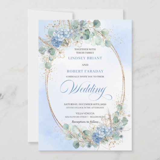 Romantic Blue Floral Gold Frame Wedding Invitation (Devant)