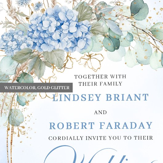 Romantic Blue Floral Gold Frame Wedding Invitation