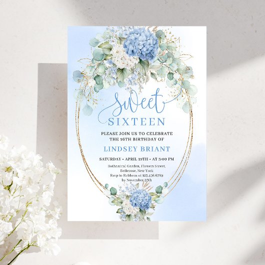 Romantic Blue Hydrangea Sweet Sixteen Invitation