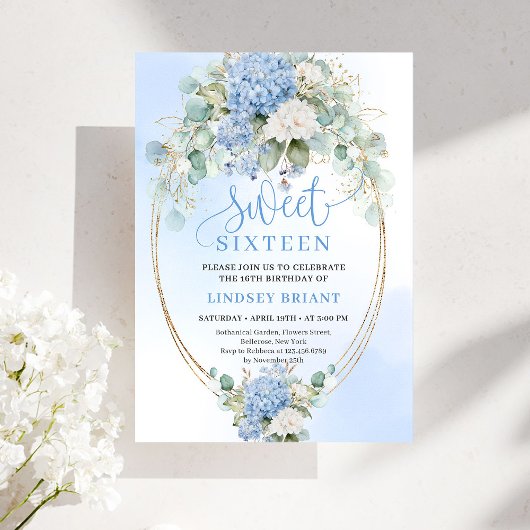 Romantic Blue Hydrangea Sweet Sixteen Invitation