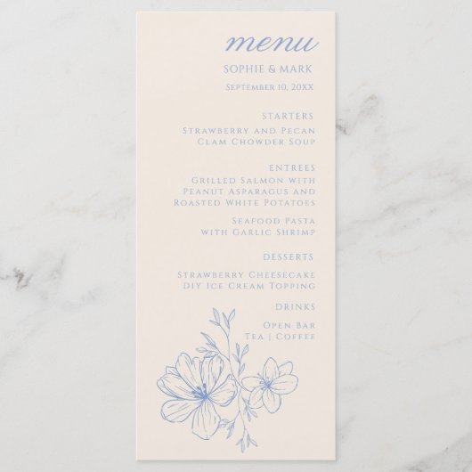 Romantic Blue Monogram Crest Floral Wedding Menu (Devant)