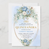 Romantic Blue Peonies Gold Quinceañera Invitation (Devant)