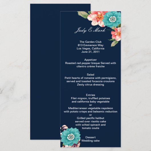 Romantic Blue Pink Floral Botanical Wedding Menu (Voorkant / Achterkant)