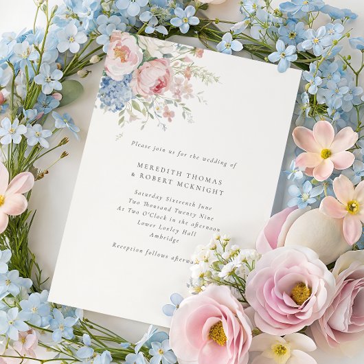 Romantic Blue & Pink Pastel Floral Wedding Kaart