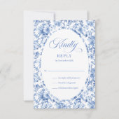 Romantic Blue Toile Roses Custom Wedding RSVP Card (Devant)