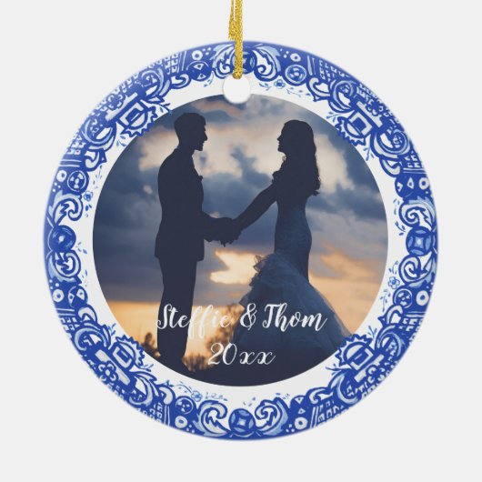 Romantic Blue & White Willow Foto Birds Wedding Keramisch Ornament (Achterkant)