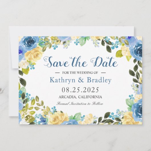 Romantic Blue Yellow Rose Garden redt de datum Save The Date (Voorkant)