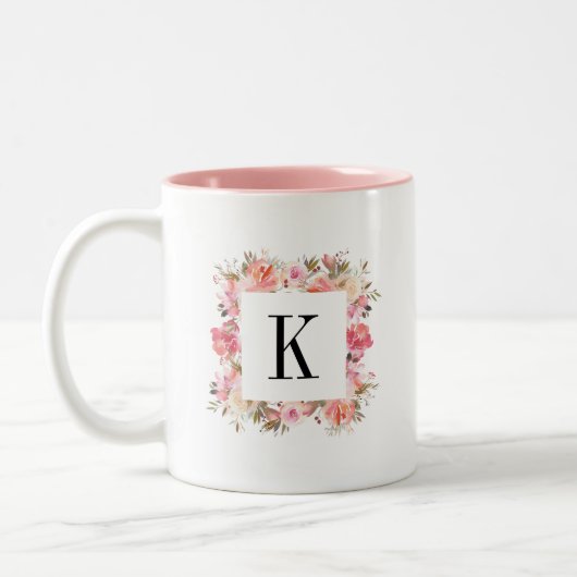 Romantic Blush Bloom Floral Monogram Tweekleurige Koffiemok (Links)