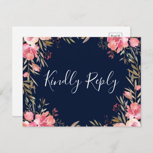 Romantic Blush Bloom Floral Wedding RSVP | marine Uitnodiging Briefkaart (Voorkant / Achterkant)