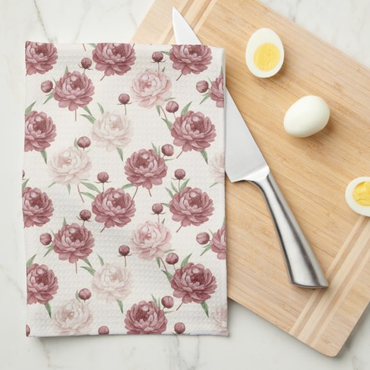 Romantic Blush & Burgundy Peony Floral Pattern Theedoek (Quarter Fold)