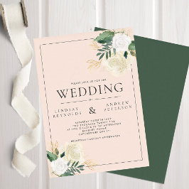 Romantic Blush & Green Glitter Wedding Invitation Kaart