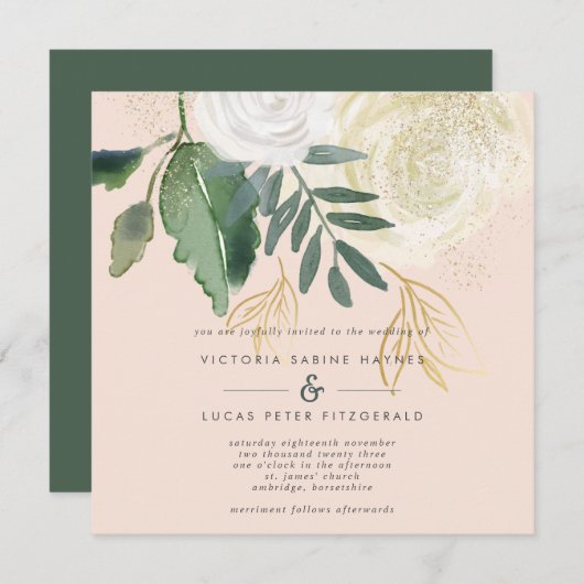 Romantic Blush & Green Square Wedding Kaart (Voorkant / Achterkant)
