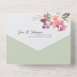 Romantic Blush Mauve Sage Floral in één keer All In One Uitnodiging