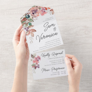 Romantic Blush Mauve Waterverf Floral All In One Uitnodiging