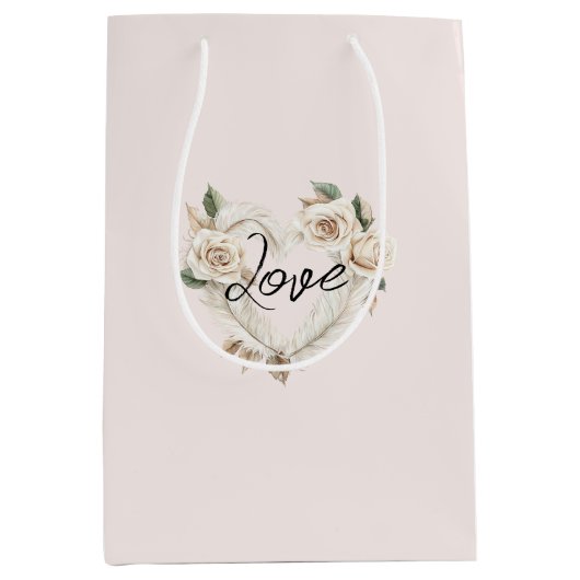Romantic Blush Roses Feathers Heart Wedding Medium Cadeauzakje (Voorkant)