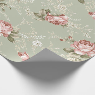 Romantic Blush roze rozen - Sage Green Background Cadeaupapier