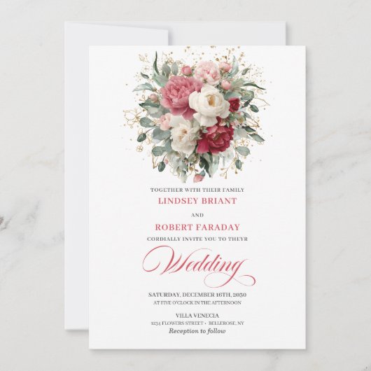 Romantic Bohemian Crimson Red White Gold Invites Kaart (Voorkant)