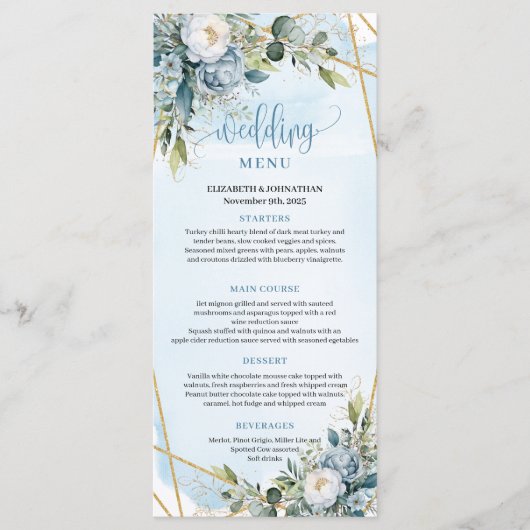 Romantic Boho Blue Peonies White Gold Dinner Menu (Voorkant)