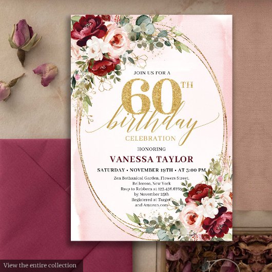 Romantic Boho Burgundy Gold Roses 60th Birthday Kaart