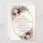 Romantic Boho Deep Red Flowers Gold Quince Invite Kaart (Voorkant)