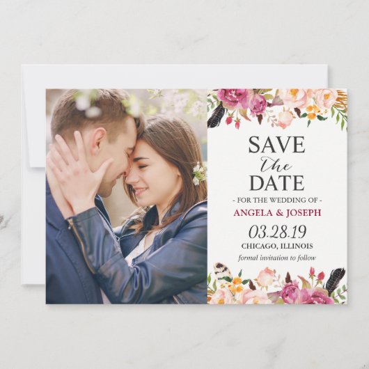 Romantic Boho Floral Feather Photo Save the Date (Voorkant)