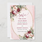 Romantic Boho Maroon Blush Gold Flowers Save Date Kaart (Voorkant)