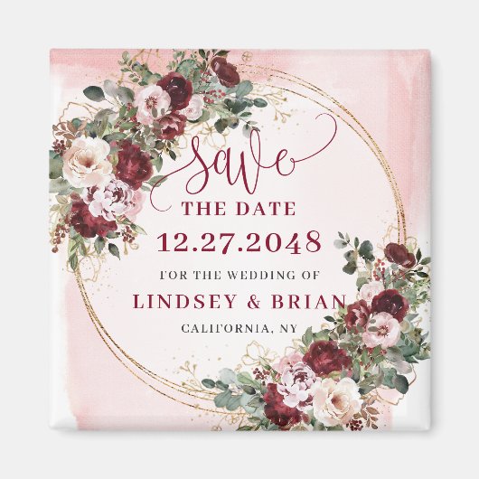 Romantic Boho Marsala Blush Gold Floral Save Date Magneet (Voorkant)