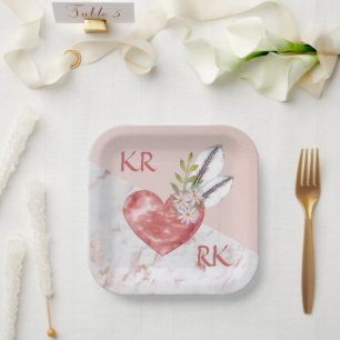 Romantic Boho Pink Heart Feathers Daisy Marble Papieren Bordje