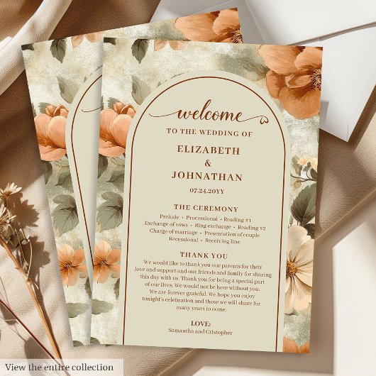 Romantic Boho Rust Ivory Olive Sage Floral Wedding Programma