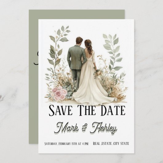 Romantic Botanical Save The Date | Bride & Groom (Devant / Derrière)