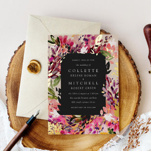 Romantic Bouquet Hot Pink Black Gold Folie Uitnodiging