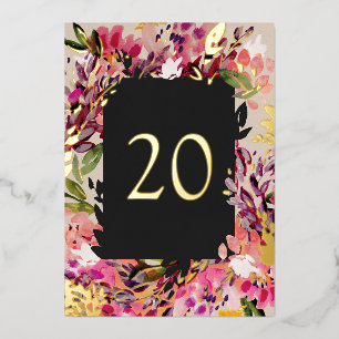 Romantic Bouquet Hot Pink Black Gold Table Number Folie Uitnodiging