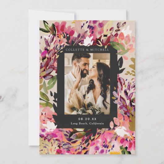 Romantic Bouquet Hot Pink Wedding Save the Date Kaart (Voorkant)