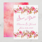 Romantic Bright Pink Floral Waterverf Script Save The Date (Voorkant / Achterkant)