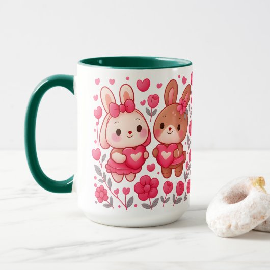 Romantic Bunny Couple Heart Ceramic Mug (Avec donut)